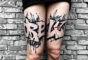 Graffiti style tattoo FULL thigh Using brick wall as a background and then graffiti Over the top, I do not want a lot of color so just primarily black white and gray with a little bit of red tattoo idea