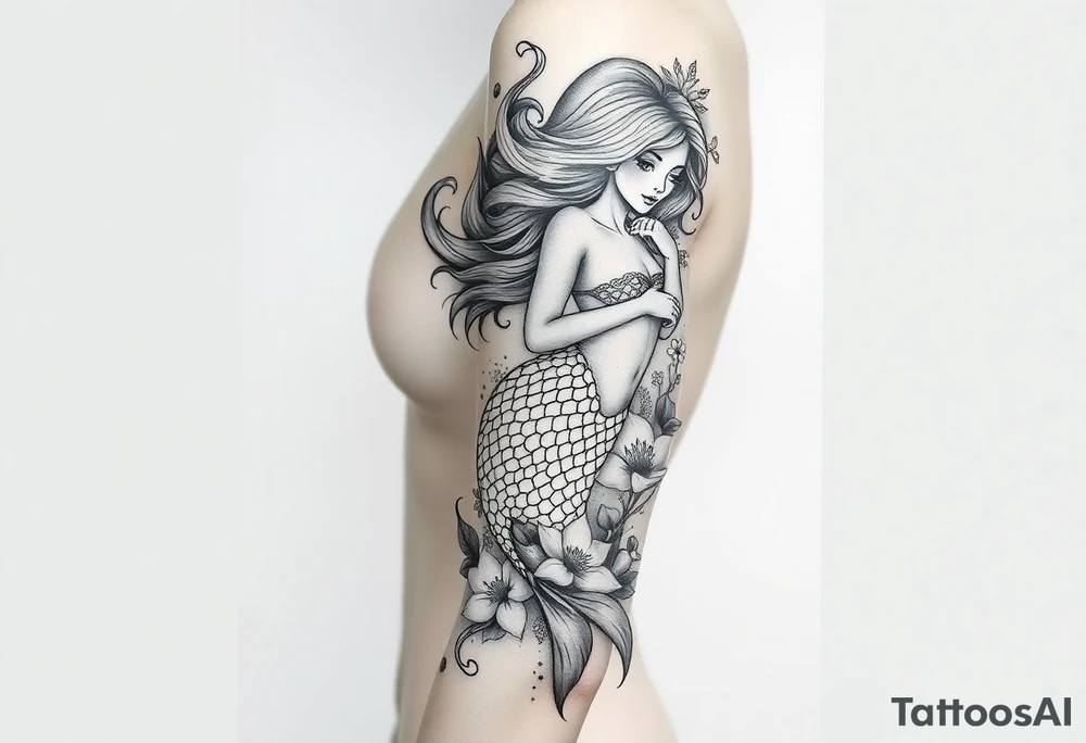 ethereal mermaid with flowing hair among coral and sea flowers tattoo idea