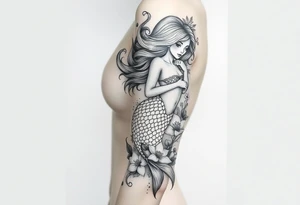 ethereal mermaid with flowing hair among coral and sea flowers tattoo idea