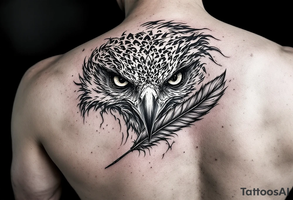 all seeing gaze and sharp talons with feather in beak tattoo idea