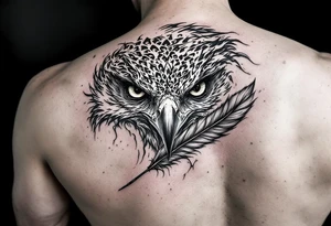 all seeing gaze and sharp talons with feather in beak tattoo idea