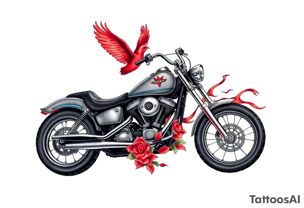 Harley grey motorcycle driving away, two red birds flying, roses and lace, flames tattoo idea