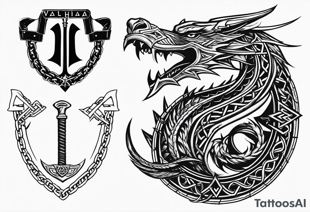 Valhalla sword shield dragon axe Valknut barbed wire chains tattoo idea Valhalla sword shield dragon axe Valknut barbed wire chains tattoo idea