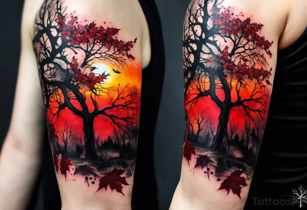 trash polka style. Arm tattoo. Long tattoo. Full sleeve. Shoulder. A single large maple tree with red autumn leaves that branches upwards from wrist to shoulder. White-throated dipper bird on the trees branches. Calluna flowers at the base of the trees stem. Tree stem has dark colors. Red/yellow sunset behind the trees stem. Leaves falling. tattoo idea