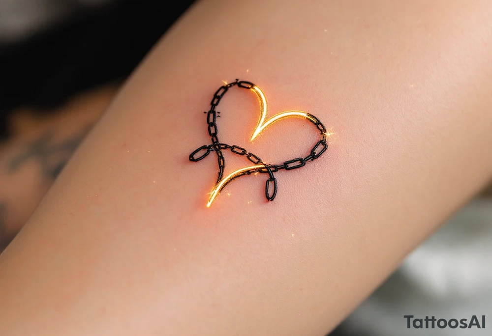 The rune is etched in deep black, with glowing golden lines illuminating the edges. The design is complemented by interwoven chains or binding vines, representing the unbreakable bond between soulmates. The soft golden glow symbolizes the warmth and unity of love. tattoo idea
