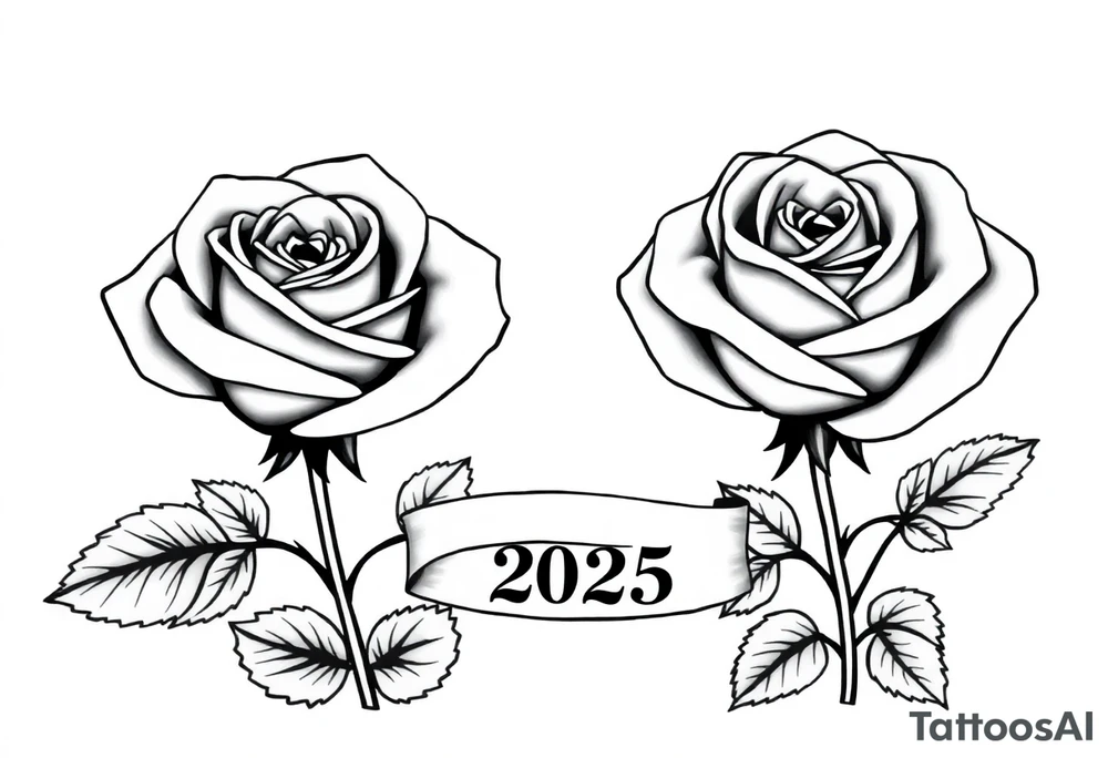 two beautiful large rose buds, one larger than the other, with many leaves next to the rose buds, with one sitting slightly higher than the other, side-by-side.  Include a banner connecting the two roses with the year 2025 on it.   Use dark outlines with little shading. No stems tattoo idea
