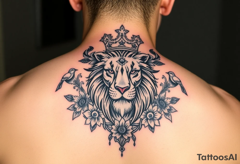 powerful majestic lion with a crown, surrounded by floral ornaments and birds tattoo idea