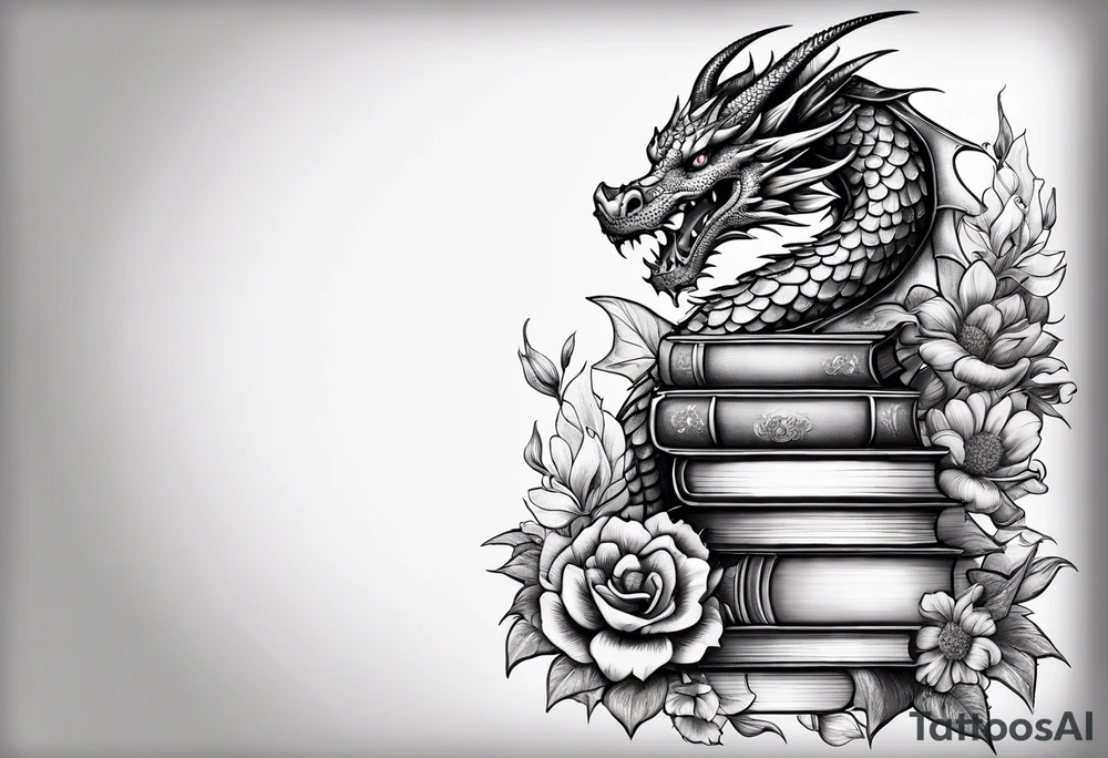 Dragon stack of books flowers tattoo idea