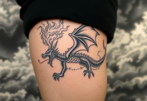 fierce dragon breathing iridescent fire against stormy skies tattoo idea
