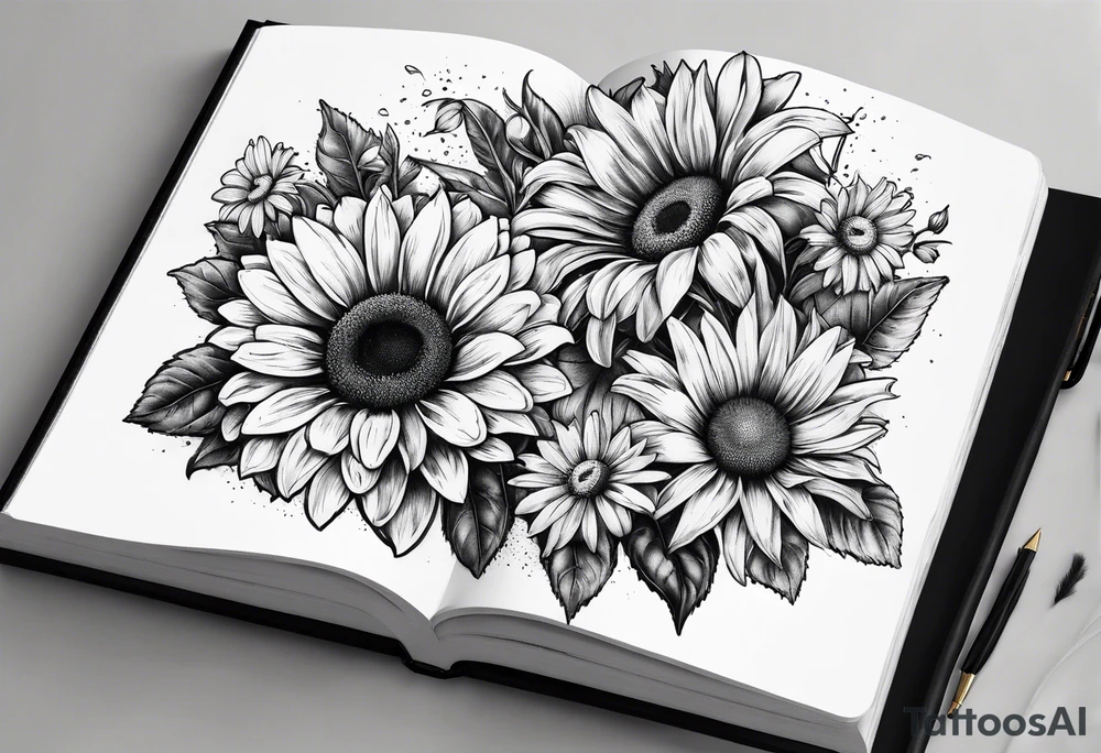 open book with daisies and a sunflower tattoo idea