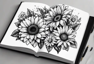 open book with daisies and a sunflower tattoo idea