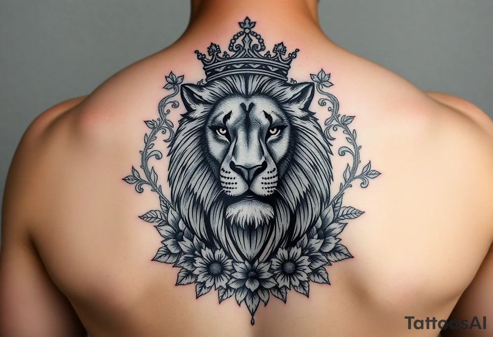 powerful majestic lion with a crown, surrounded by floral ornaments tattoo idea