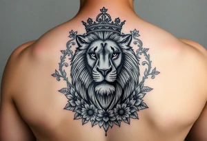 powerful majestic lion with a crown, surrounded by floral ornaments tattoo idea