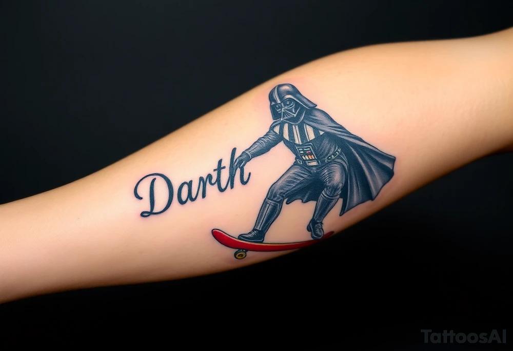 Darth Vader skateboarding >
blue & red
skateboard words "Darth Carter"
12/29/88-01/06/24 tattoo idea