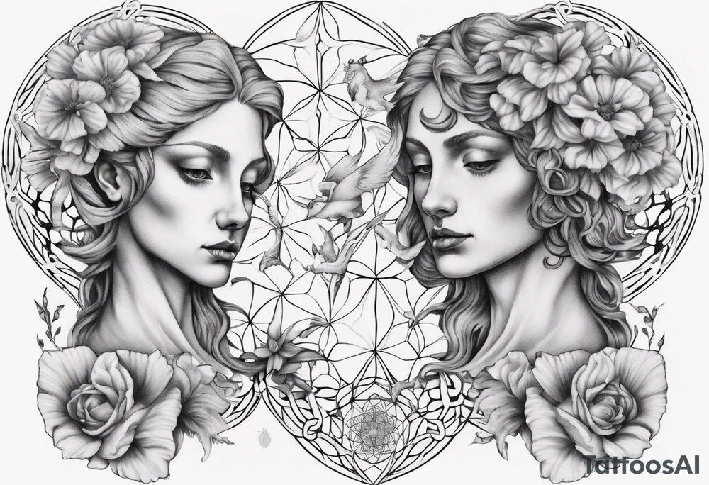 Two angels as brothers embedded in flower of life tattoo idea