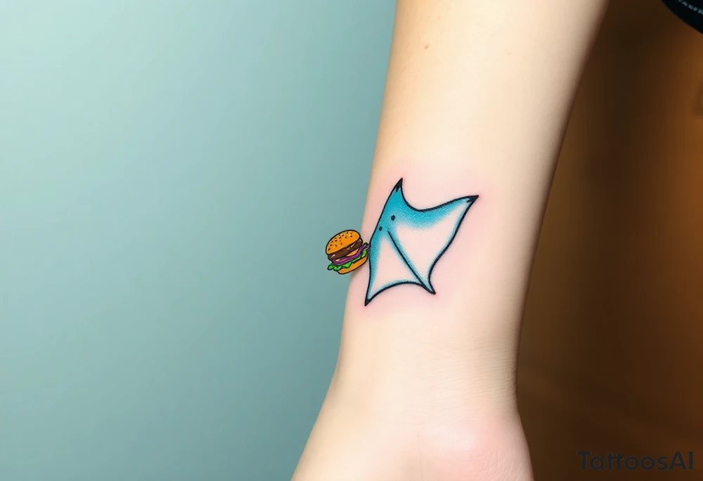 Scooba diver, diving with manta ray with burger on his hand tattoo idea