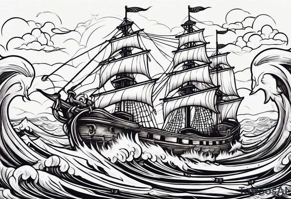 A American traditional tattoo style ship sinking with a mermaid on the right holding a rope and the mermaid on the left holding a dagger tattoo idea