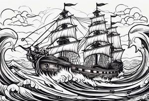 A American traditional tattoo style ship sinking with a mermaid on the right holding a rope and the mermaid on the left holding a dagger tattoo idea