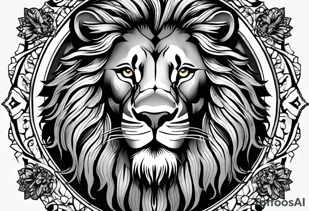 Powerful lion with artistic surroundings including my family members names, Roger, Angèle, Imani tattoo idea