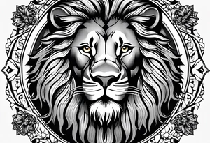 Powerful lion with artistic surroundings including my family members names, Roger, Angèle, Imani tattoo idea