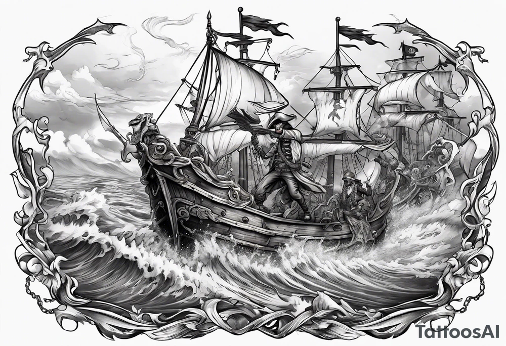 skeleton pirates fighting a sea serpent tattoo idea