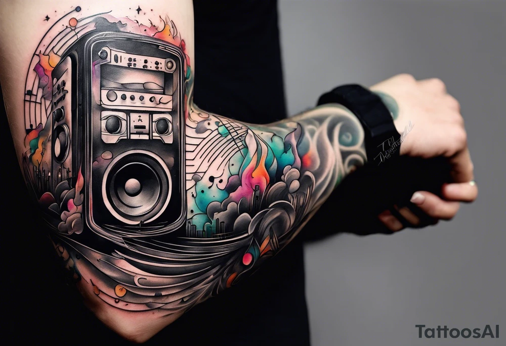 A forearm tattoo about electronic music. Not too minimalistic but not too detailed tattoo idea