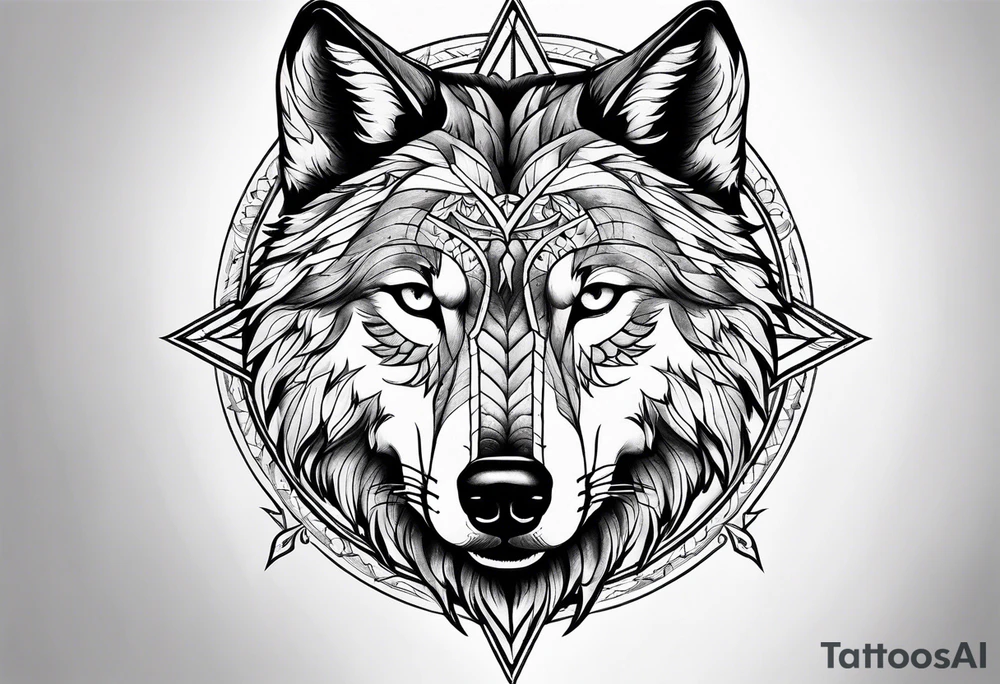 Half wolf face half compass tattoo idea