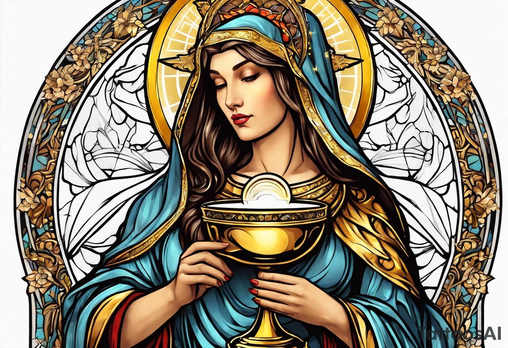 holy saint woman with golden halo holding a chalice tattoo idea