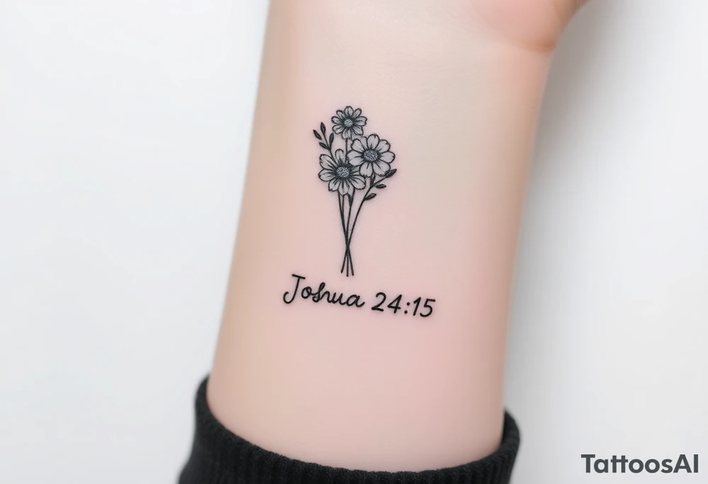 MINI BUNCH OF FLOWERS at the top, drawn in single-needle fine line

“Joshua 24:15” sits underneath in tiny, clean lettering

Vertical flow = elegant, feminine, and perfectly suited to the inner wrist

Overall height: ~5–7 cm (subtle, timeless, not heavy) tattoo idea