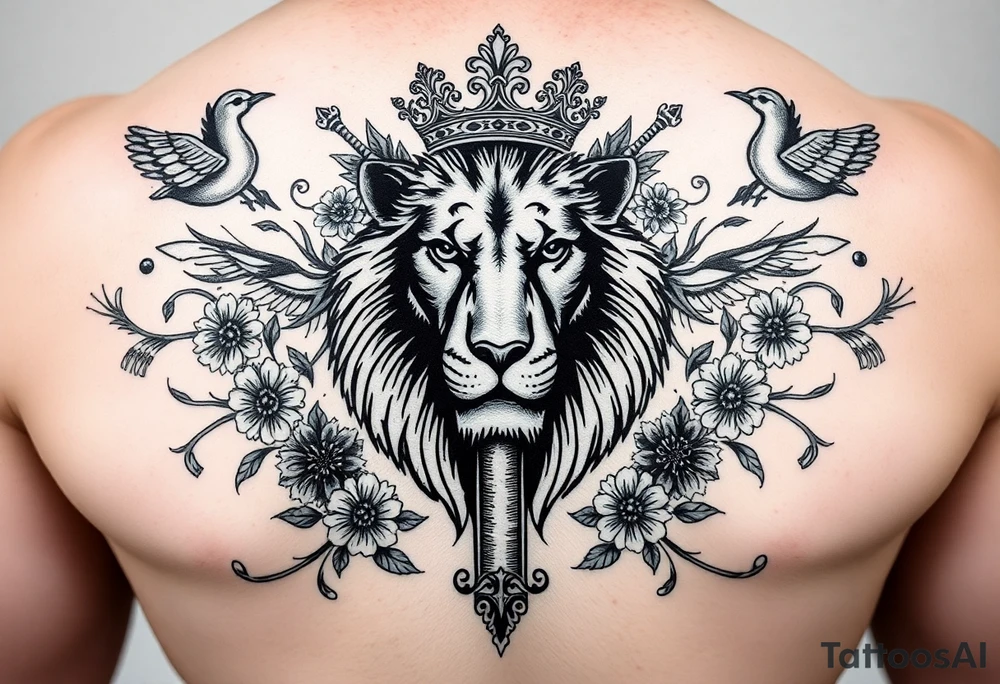 a cross in the baclkround of a powerful majestic lion with a crown surrounded by throrns, floral ornaments and birds tattoo idea