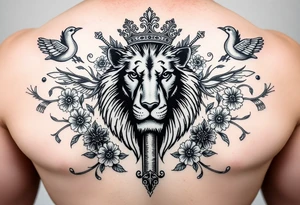 a cross in the baclkround of a powerful majestic lion with a crown surrounded by throrns, floral ornaments and birds tattoo idea