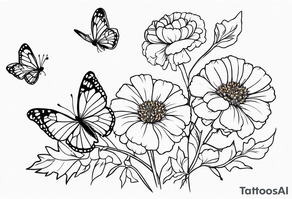 Small Butterflies with marigolds on a vine tattoo idea