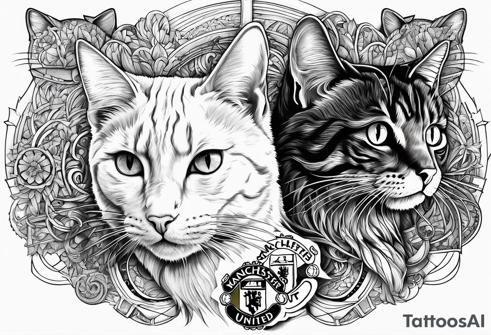 Manchester United, two cats, God, edm, all combined into one art tattoo idea