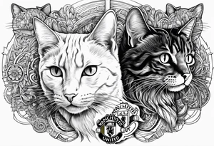 Manchester United, two cats, God, edm, all combined into one art tattoo idea