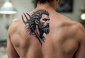 young poseidon, with trident, looking at the horizon tattoo idea