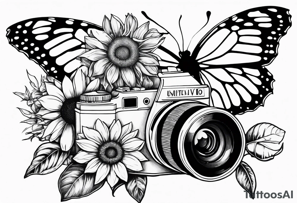 Butterfly, sunflower, camera, book, flower rose tattoo idea