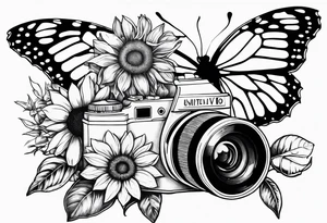 Butterfly, sunflower, camera, book,  flower rose tattoo idea