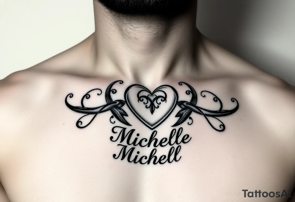 Design a tattoo for a man’s chest of a woman’s name (Michelle). Incorporate a subtle Irish Claddagh. Have the name Michelle below the heart tattoo idea