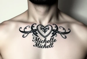 Design a tattoo for a man’s chest of a woman’s name (Michelle). Incorporate a subtle Irish Claddagh. Have the name Michelle below the heart tattoo idea