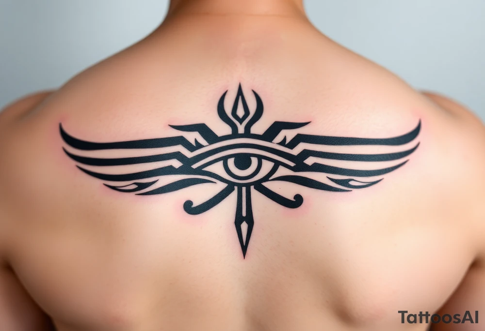 A tribal-style Eye of Horus, with bold black ink and subtle red highlights, inspired by ancient warrior markings tattoo idea