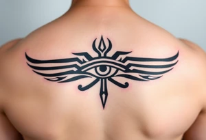 A tribal-style Eye of Horus, with bold black ink and subtle red highlights, inspired by ancient warrior markings tattoo idea