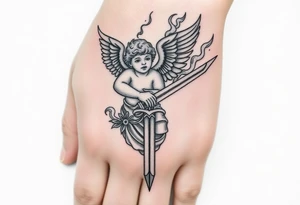 Cherub with flaming sword hand tattoo tattoo idea