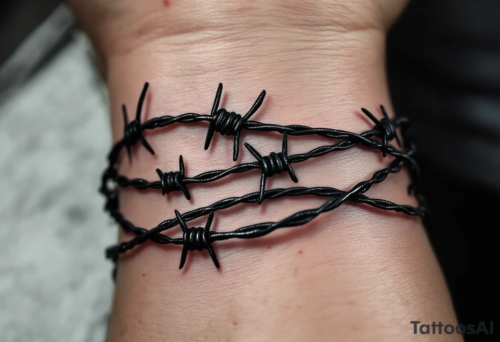 A realistic black and dark silver barbed wire tattoo wraps tightly around the arm, with sharp crimson highlights on the barbs and subtle shading to create a three-dimensional, metallic effect against the skin. tattoo idea