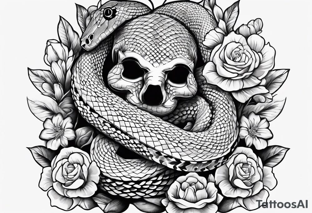 snakes in the shape of a spade with flowers tattoo idea