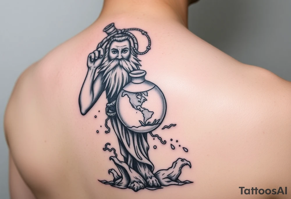 A large humanized god carrying a jar on his shoulder, the jar flows from water to create a marine environment tattoo idea