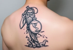 A large humanized god carrying a jar on his shoulder, the jar flows from water to create a marine environment tattoo idea