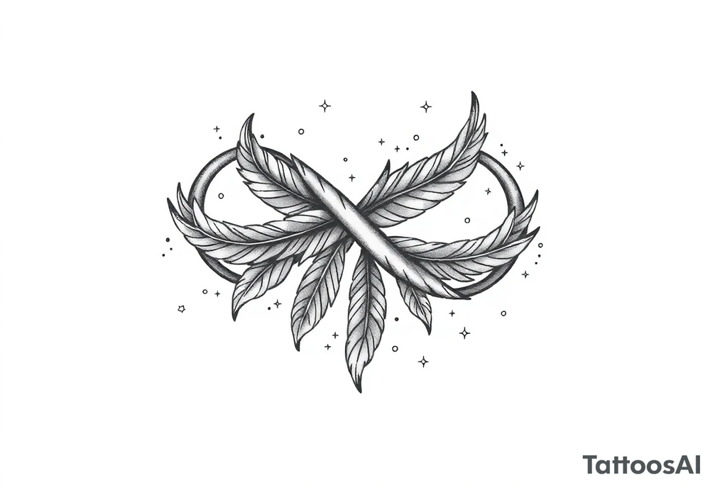 infinity symbol woven with floating feathers and stardust tattoo idea