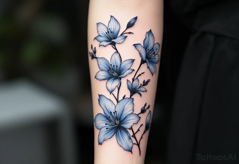 blue spider lily in black and white colours from the anime demon slayer and Cherry Blossoms wrapped around the arm tattoo idea