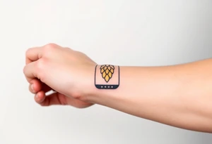 A minimalist black and gold beer can design, with vintage typography and a hop emblem, capturing a sleek and modern aesthetic tattoo idea