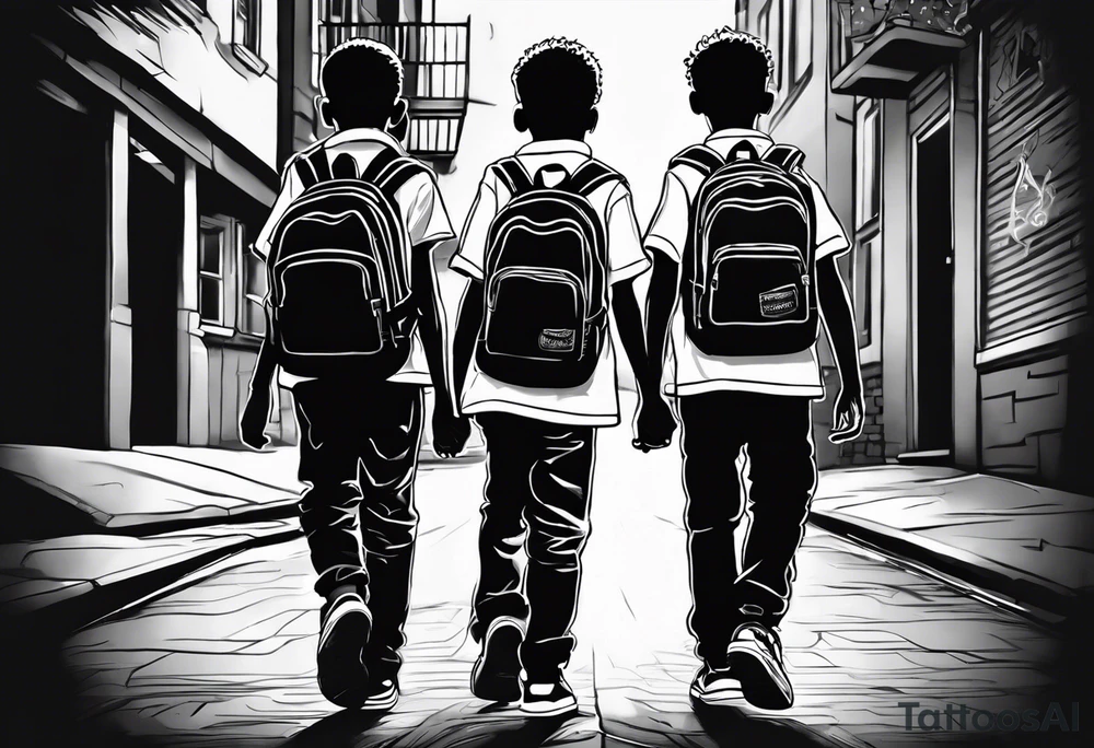 full bodies of 3 black school age boys walking away together and one is looking to the side at the one in the middle tattoo idea